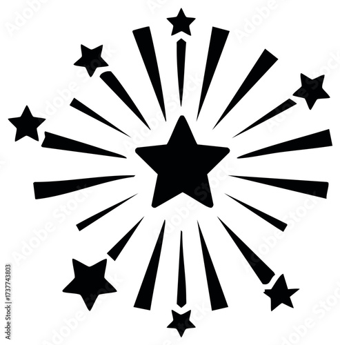 Black star burst with multiple stars radiating outwards with bold rays of light