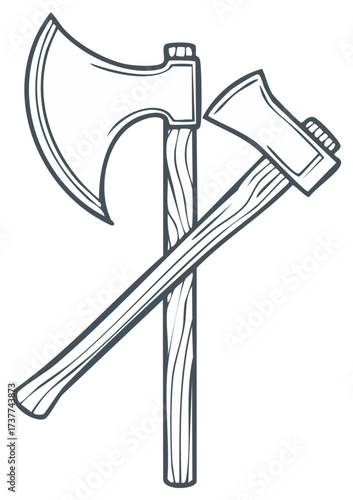 Two crossed woodcutting axes and a hatchet in a clean line art vector illustration