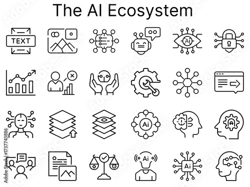 Icons representing the AI ecosystem in minimalist line art style  