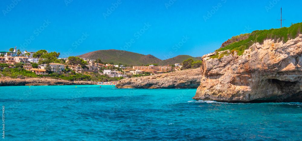 Fototapeta premium Cala Mendia, Manacor Sea Coast, Mediterranean Sea, Mallorca, Balearic Islands, Spain, Europe