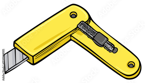 Cartoon illustration of a yellow plastic utility knife with a retractable steel blade for crafting