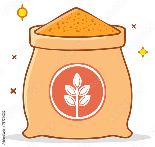 Bag of orange grain or flour with wheat symbol and sparkling elements