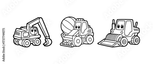 Construction vehicles in a cartoon style ideal for young children, featuring an excavator, cement mixer, and bulldozer