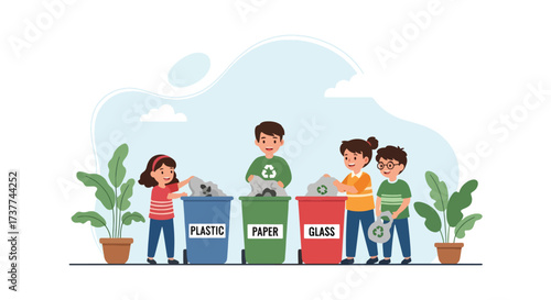 Adobe illustrator artwork vector illustration: Children learning to recycle plastic, paper, and glass, emphasizing environmental education, responsibility, and a greener future