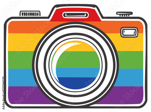 Rainbow striped vintage camera with lens detail isolated on white background
