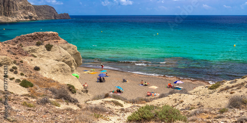 Beach of La Isleta del Moro, Cabo de Gata-Níjar Natural Park, UNESCO Biosphere Reserve, Hot Desert Climate Region, Almería, Andalucía, Spain, Europe