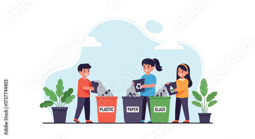 Adobe illustrator artwork vector illustration: Children learning to recycle plastic, paper, and glass, emphasizing environmental education, responsibility, and a greener future