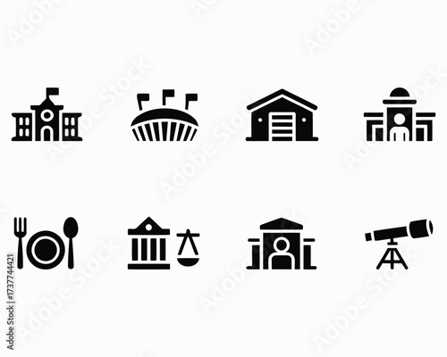 A Collection of Silhouette Icons Representing Diverse Cultural and Societal Elements Including Education Sports Dining Legal and Scientific Observation Activities
