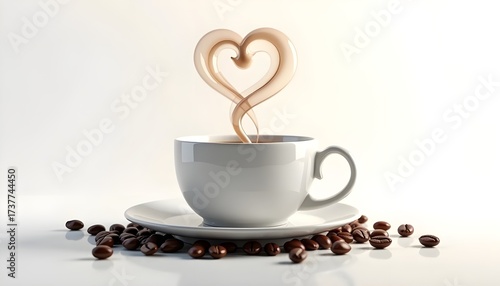 Romantic Coffee Cup with Heart Shaped Steam and Scattered Roasted Beans