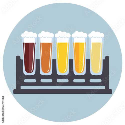 Variety of Beer Sampler Glasses in a Rack with Light to Dark Brews and Foamy Heads