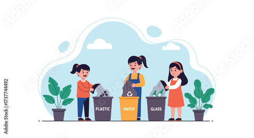 Adobe illustrator artwork vector illustration: Children learning to recycle plastic, paper, and glass, emphasizing environmental education, responsibility, and a greener future