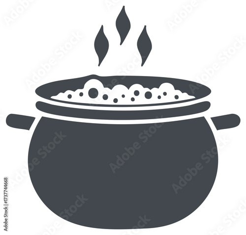 Pot of boiling stew or soup with steam rising, cooking concept vector illustration.