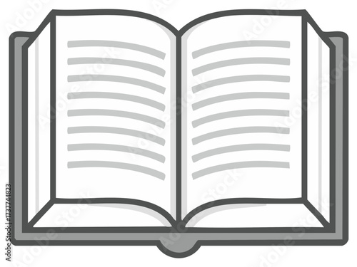 Simple grayscale cartoon icon of a thick, open hardcover book with lines of text
