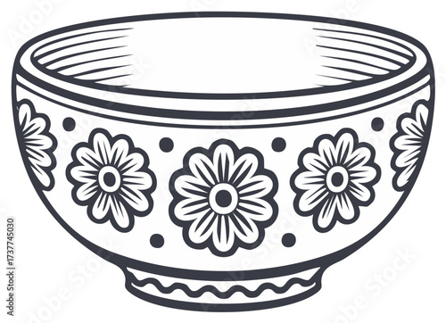 Stylized floral bowl illustration, decorated with simple flower pattern and wavy border, decorative container with folk art inspired design
