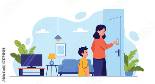 Adobe illustrator artwork vector illustration: Mother and son turning on a smart lamp, illustrating home automation, modern living, and energy-efficient technology