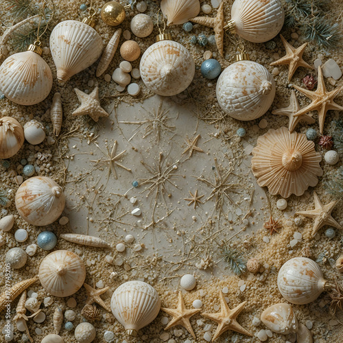 Christmas flat lay featuring seashell ornaments, golden sandy textures.