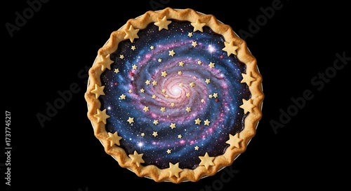 Delicious galaxy pie with star crust on a black background is a cosmic treat for the senses