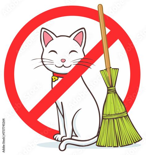 Cute Cartoon Cat and Broomstick Behind a Red Prohibition Warning Sign