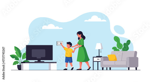 Adobe illustrator artwork vector illustration: Mother and son turning on a smart lamp, illustrating home automation, modern living, and energy-efficient technology