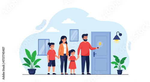 Adobe illustrator artwork vector illustration: Happy family installing an energy-efficient light bulb, promoting sustainability, home improvement, and responsible living