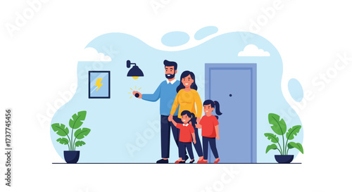 Adobe illustrator artwork vector illustration: Happy family installing an energy-efficient light bulb, promoting sustainability, home improvement, and responsible living