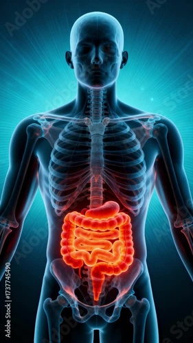 A 3d medical illustration of the human body with a visible skeleton and a highlighted digestive system, visualizing gut health, gastroenterology, and human anatomy for healthcare