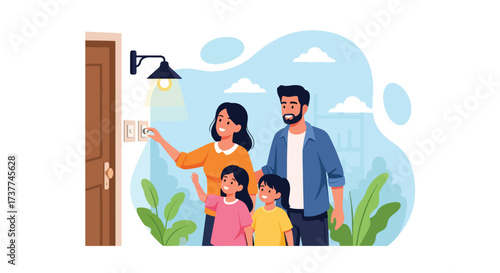 Adobe illustrator artwork vector illustration: Happy family installing an energy-efficient light bulb, promoting sustainability, home improvement, and responsible living