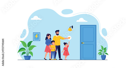 Adobe illustrator artwork vector illustration: Happy family installing an energy-efficient light bulb, promoting sustainability, home improvement, and responsible living
