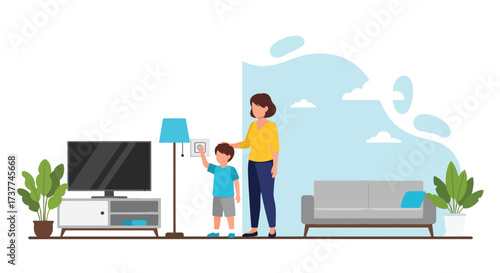 Adobe illustrator artwork vector illustration: Mother and son turning on a smart lamp, illustrating home automation, modern living, and energy-efficient technology