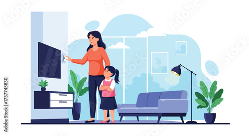 Adobe illustrator artwork vector illustration: Mother and child turning off lights at home, promoting energy conservation, family values, and environmental awareness