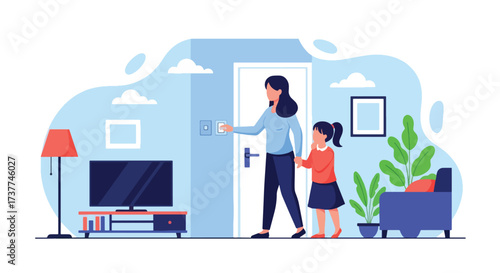 Adobe illustrator artwork vector illustration: Mother and child turning off lights at home, promoting energy conservation, family values, and environmental awareness