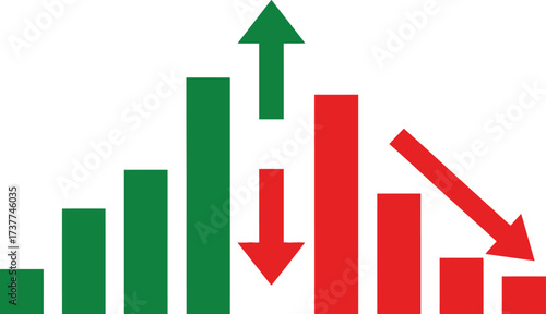 Bar graph with green bars going up and red bars going down, isolated on white background
