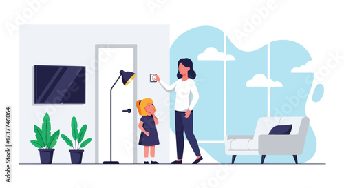 Adobe illustrator artwork vector illustration: Mother and child turning off lights at home, promoting energy conservation, family values, and environmental awareness