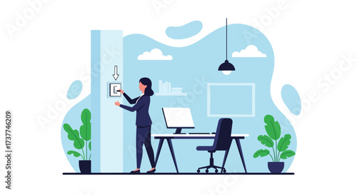Adobe illustrator artwork vector illustration: Woman turning on a light switch in a modern office, symbolizing new beginnings, productivity, and a fresh start at work