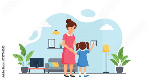 Adobe illustrator artwork vector illustration: Mother and child turning off lights at home, promoting energy conservation, family values, and environmental awareness
