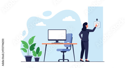 Adobe illustrator artwork vector illustration: Woman turning on a light switch in a modern office, symbolizing new beginnings, productivity, and a fresh start at work