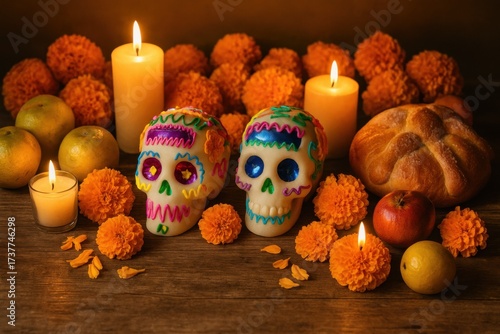 still life with sugar skulls marigolds fruits bread of the dead and candles during dia de los muertos concept of food culture and tradition