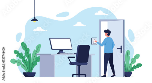 Adobe illustrator artwork vector illustration: Man turning off a light switch in a modern home office, emphasizing energy saving, remote work, and smart living concepts