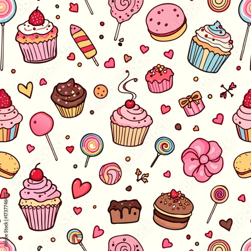 Playful candy cupcake vector pattern, design t-shirt streetwear clothing, vector typography, perfect for modern apparel