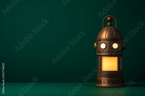 Ornate ramadan lantern glowing warmly against a dark green background casting soft light and shadows