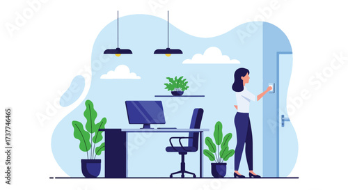 Adobe illustrator artwork vector illustration: Woman turning on a light switch in a modern office, symbolizing new beginnings, productivity, and a fresh start at work