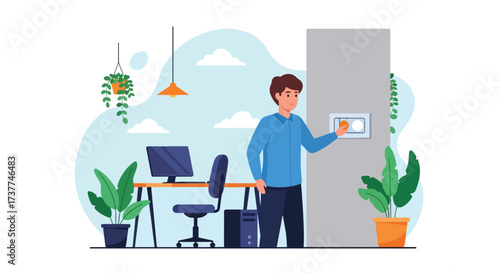 Adobe illustrator artwork vector illustration: Man turning off a light switch in a modern home office, emphasizing energy saving, remote work, and smart living concepts