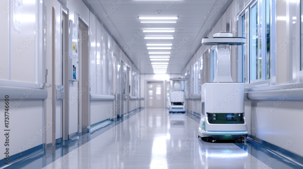 Obraz premium Modern hospital corridor featuring autonomous cleaning robots, bright lighting, and sterile environment