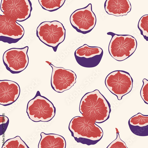Whole and halved figs seamless pattern with red pulp and purple skin isolated on light background. Flat vector illustration of fruit slices. Healthy food and organic nutrition concept