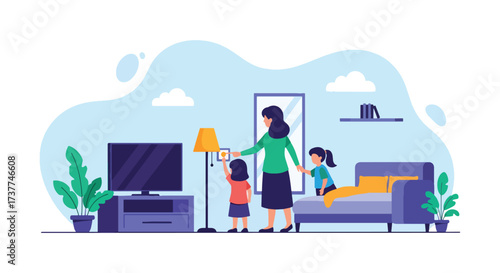 Adobe illustrator artwork vector illustration: Three happy children jogging outdoors in a sunny park, promoting healthy activities, friendship, and an active lifestyle for kids