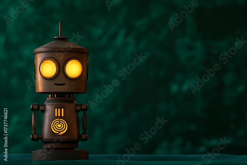 Small vintage robot with glowing eyes stands against a dark green textured background in soft studio light