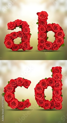 Floral Alphabet - A, B, C, D Letters Crafted from Red Roses.