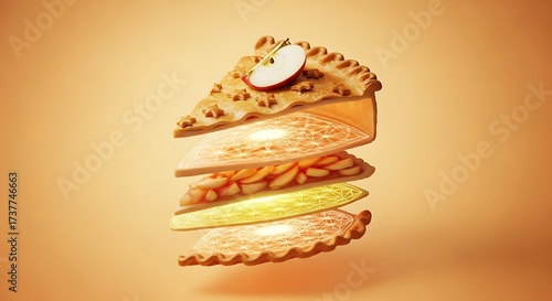 Exploded view of a delicious apple pie slice revealing layers on a warm orange gradient background
