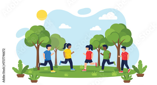 Adobe illustrator artwork vector illustration: Three happy children jogging outdoors in a sunny park, promoting healthy activities, friendship, and an active lifestyle for kids