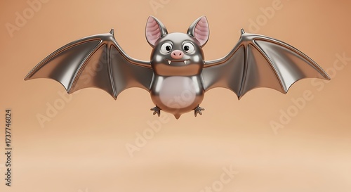 Cute cartoon bat with shiny metal wings flying on a plain background perfect for halloween designs
